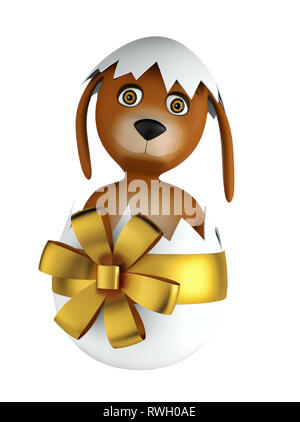 Cute cartoon dog sitting en œuf de pâques isolé sur fond blanc. 3D render Banque D'Images