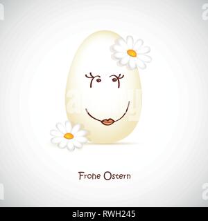 Happy easter egg avec face et fleurs carte de souhaits avec texte allemand joyeuses Pâques vector illustration EPS10 Illustration de Vecteur