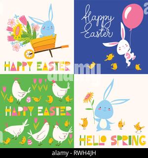 Ensemble de quatre affiches printemps pâques vecteur avec des lapins, des fleurs et des lettres Illustration de Vecteur