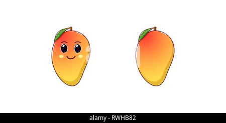 Kawaii Cute Cartoon Mangue, fruits tropicaux. Vector illustration de rouge-jaune mangue mûre avec Genre les yeux et sourire, drôle icônes emoji. Autocollant fruité juteux Illustration de Vecteur