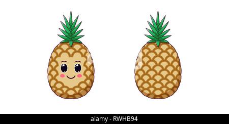 Kawaii Cute Cartoon ananas, fruits mûrs. Cartoon Vector illustration d'ananas aux yeux et sourire Genre, drôle icônes emoji. Autocollant Tropical juteux. Chi Illustration de Vecteur