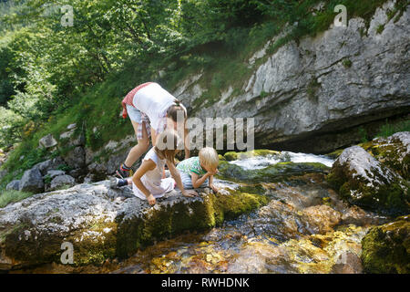 Mère avec les enfants de l'eau potable un pur, frais et frais ruisseau de montagne sur un voyage en famille. De vie de plein air, les enfants, l'enfance expé Banque D'Images