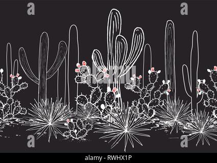 Motif transparent vecteur avec les cactus. Cactus sauvages forêt mexicaine avec de l'agave, saguaro, et le figuier de barbarie. Blanc, noir, rose palette. Illustration de Vecteur