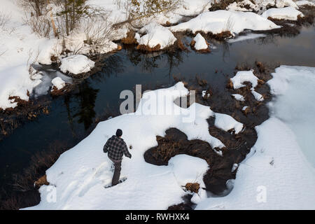 L'homme seul la raquette le long d'un ruisseau en hiver. Mont Tremblant, Québec, Canada Banque D'Images