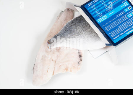 Du poisson congelé dans une boîte en carton sur une surface blanche Banque D'Images