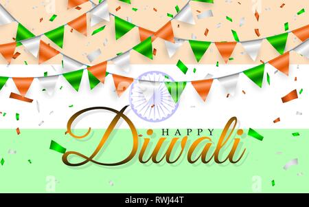 Happy Diwali drapeaux Indiens garland. Drapeau de l'Inde et de guirlandes de drapeaux orange blanc vert et feuilles de confettis. Vector illustration. Illustration de Vecteur
