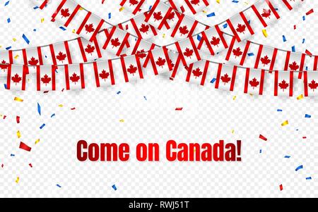 Guirlande drapeau du Canada avec les confettis sur fond transparent, accrocher des banderoles pour la célébration modèles de bannière, Vector illustration. Illustration de Vecteur