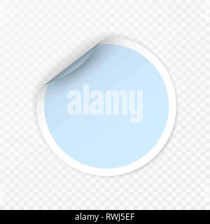 Autocollant rond blanc avec coins recourbés sur fond transparent, maquette réaliste. Illustration de Vecteur