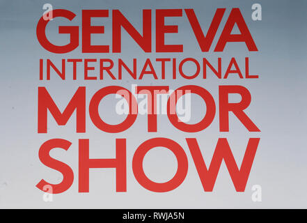 Geneve, Suisse. 08Th Mar, 2019. Un logo de l'Automobile de Genève avec les mots 'Geneva International Motor Show', pris sur la deuxième journée de la presse. Le 89e Salon de Genève commence le 7 mars et dure jusqu'au 17 mars. Credit : Uli Deck/dpa/Alamy Live News Banque D'Images