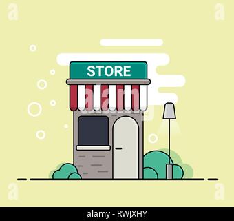 Boutique ou magasin marché vecteur/façade extérieure, l'illustration. Vector illustration dans un style de dessin animé. Façade magasin paysage. Illustration de Vecteur