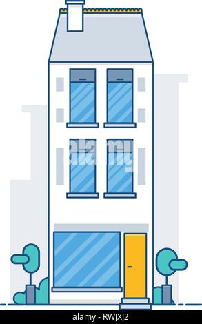 Chambre la façade de l'immeuble avec l'intérieur des silhouettes et gratte-ciel sur l'illustration vectorielle, l'arrière-plan. Illustration de Vecteur
