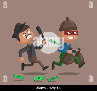 Cartoon Vector illustration d'un agent de police à courir après et en essayant d'attraper un voleur masqué. Illustration dans le style plat. Illustration de Vecteur