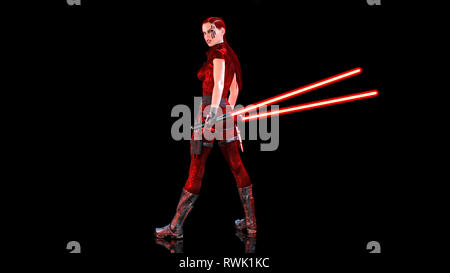 Redhead girl guerrier avec épée de lumière sci-fi, femme tressé avec arme sabre laser futuriste isolé sur fond noir, 3D Rendering Banque D'Images