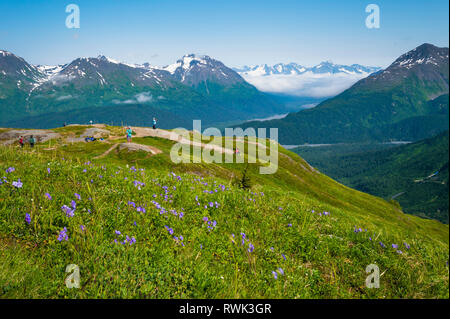 Les touristes en haut des falaises lookout à la sortie Glacier dans Kenai Fjords National Park, le centre-sud de l'Alaska sur un jour d'été ensoleillé, Banque D'Images