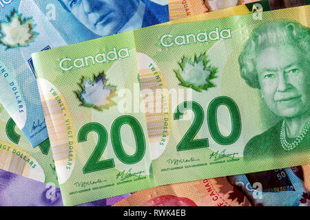 Close-up of two 20 dollars canadiens avec d'autres Canadiens de couleur de l'argent dans l'arrière-plan Banque D'Images