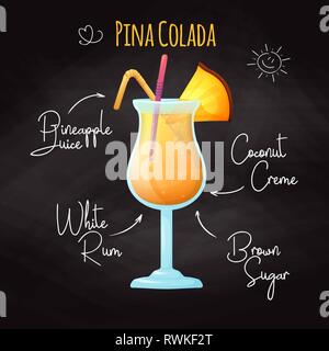 Recette simple pour un cocktail sans alcool Pina Colada. Dimensions la craie sur un tableau noir. Illustration de Vecteur