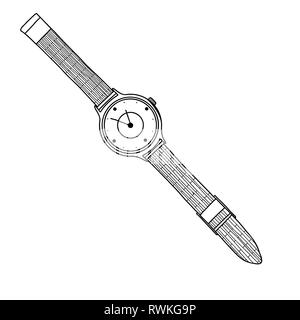 Croquis réalistes d'une montre. Montres sur un bracelet métallique. Vector Illustration de Vecteur