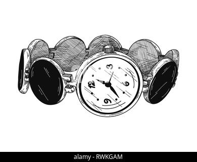 Croquis réalistes d'une montre. Montres sur un bracelet métallique. Vector Illustration de Vecteur