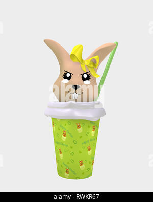 Naughty bunny kawaii 3d en milkshake isolé sur blanc. Le rendu 3D Banque D'Images
