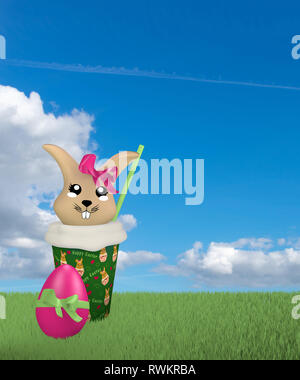3d cute Kawaii lapin de Pâques en milk-shake sur pré vert avec cloud sky. Le rendu 3D Banque D'Images