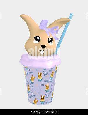3d cute kawaii bunny in milkshake isolé sur blanc. Le rendu 3D Banque D'Images