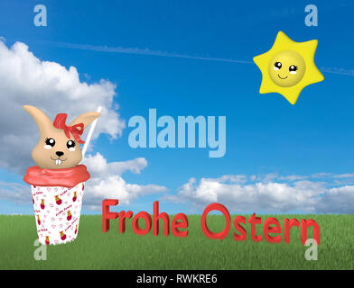 3d cute kawaii lapin de Pâques en milk-shake sur pré vert avec Sun, Texte allemand : Joyeuses Pâques et cloud sky. Le rendu 3D Banque D'Images