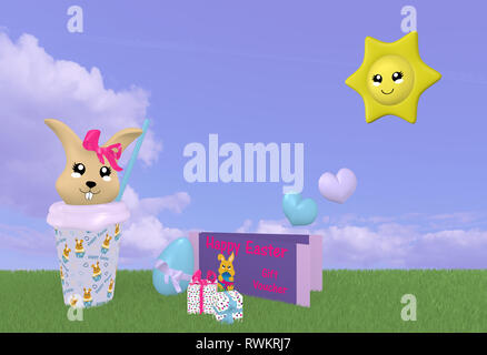 Kawaii 3d lapin de Pâques sur pré vert avec Sun, certificat-cadeau et cloud sky. Le rendu 3D Banque D'Images
