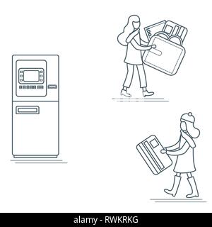 Vector illustration avec deux filles utilisent ATM services. Carte bancaire, porte-monnaie, billet, monnaie. La gestion des finances personnelles. Pour la conception d'affiches, bannières ou prin Illustration de Vecteur