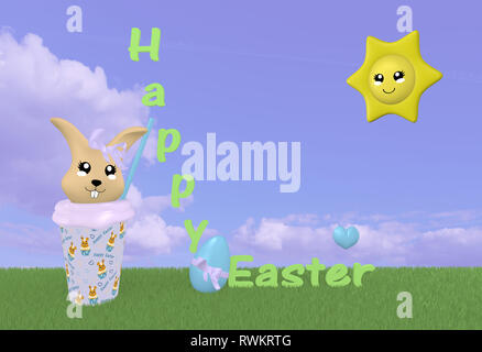 Kawaii 3d lapin de Pâques sur pré vert avec Sun, décorations et cloud sky. Le rendu 3D Banque D'Images