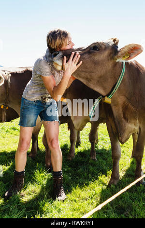 Femme avec troupeau de vaches sur terrain Banque D'Images
