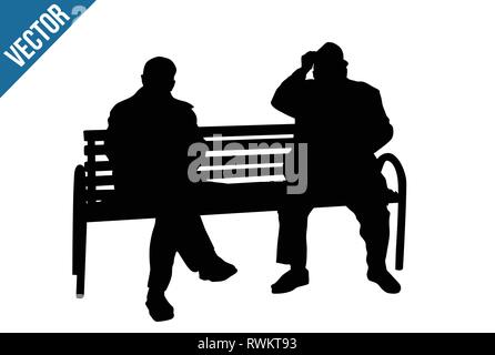 Deux personnes âgées silhouettes assis sur un banc de parc sur fond blanc, vector illustration Illustration de Vecteur