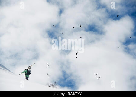 Male skier voguant vers le haut de la montagne couverte de neige, l'Alpe-d'Huez, Rhône-Alpes, France Banque D'Images