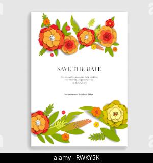 Invitation de mariage carte floral. Les fleurs en papier pour la décoration, effet réaliste. Appartement de vacances lumineux design. Illustration de Vecteur