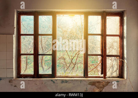 Intérieur d'une maison en ruine avec vieux, sale et fissuré mur blanc et un cadre de fenêtre en bois vintage glassless regardant à travers un pré vert domaine vie Banque D'Images