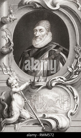 Charles Howard, 1 Comte de Nottingham, 2 Baron Howard d'Effingham, connu sous le nom de Howard Effingham,1536 - 1624. Homme d'État et grand amiral pour Elizabeth I et James I, commandant de l'Armada espagnole. À partir de l'édition 1813 des chefs d'illustres personnes de Grande-Bretagne, gravé par M. Houbraken et Monsieur la vertu de leur vie et de caractères. Banque D'Images