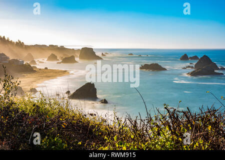 Brume du matin passant de Harris Beach, près de Brookings, Oregon. Les formations rocheuses ajouter à la donnant sur l'Océan Pacifique Banque D'Images