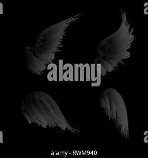 Grunge blanc ailes d'oiseaux isolés silhouettes sur fond noir Illustration de Vecteur