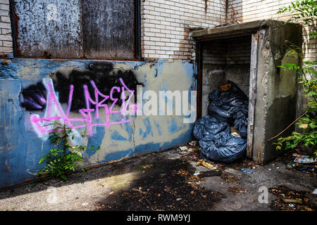 Ordures dans une ruelle avec un graffiti sur mur ; Toronto, Ontario, Canada Banque D'Images