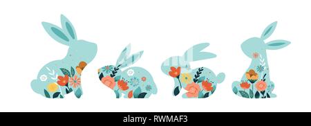 Joyeuses Pâques illustrations vectorielles de lapins lapins, icônes, décorées de fleurs Illustration de Vecteur
