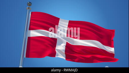 Soie voletant pavillon du Danemark. Drapeau officiel danois dans le vent contre le ciel bleu clair. 3D render Banque D'Images