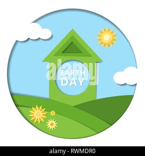 Concept de la journée de la terre. 22 avril. Coupe papier design avec nuages, soleil, fleurs et green house. La Terre est notre maison. Planète bleue Illustration de Vecteur