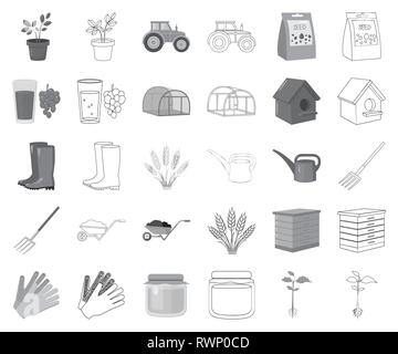 ,Accessoires,agriculture,rucher nichoir,boots,peut,Culture,collection,design,oreilles,agriculture,ferme,jardin,raisin,gants,,gris,serre,miel,horticulture,illustration,icône,isolé,jus,terrain,logo,moulin,monochrome,plan,fourche,plantes,caoutchouc,set,graines,outils,signe symbole,tracteur,arrosage,web,blé,brouette,vecteurs vecteur , Illustration de Vecteur