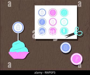 Cupcake toppers vecteur ou autocollants avec des oeufs, les coeurs et les lapins. illustration couleurs délicates de bleu vert turquoise, rose, bleu. Bunny et silhouettes Illustration de Vecteur