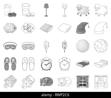 ,Accessoires,art,lit,chambre,chevet,bandeaux,livre,chat,horloge,collection,confort,cookies,compter,design,rêve dreamcatcher,contes,Marbre,verre,Accueil,icon,illustration,lampe,isolé,lait,logo,monochrome,contours,lune,nuit,verre,hors,lapin,oreillers,détente,repos, repos,set,signer,dormir,dormir,chaussons,jouet,symbole vecteur,web,fenêtre vecteurs vecteur , Illustration de Vecteur