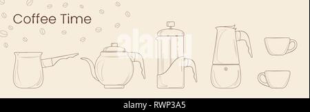 Ensemble de vecteur ligne de préparation du café. Cezve, cafetière électrique, presse française, pot de moka et de café tasse de café. Vecteur isolé pour coffee house, shop Illustration de Vecteur
