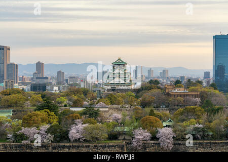 Le château d'Osaka avec cherry blossom et Osaka business centre en arrière-plan dictrick à Osaka, Japon. Le Japon printemps belle scène. Banque D'Images