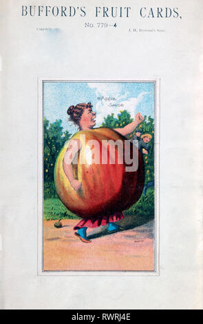 Imprimer montre une grosse pomme( ?) avec le bras, jambes et tête de femme, faisant face à droite, agitant son poing et les réprimandes d'un groupe de garçons qui peut être un vol de pommes provenant d'arbres en arrière-plan. Banque D'Images