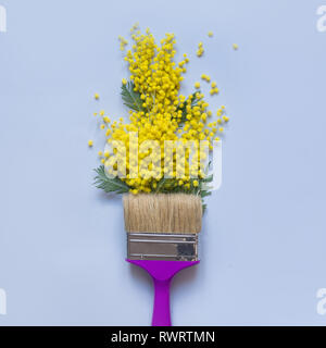 Printemps jaune mimosa et pinceau sur fond bleu. Creative forfaitaire minime. Concept de printemps. Banque D'Images