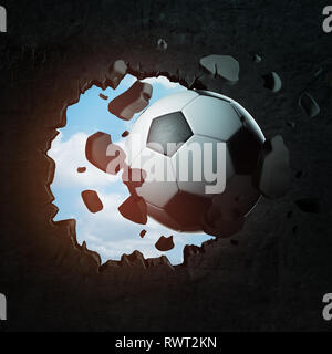 Close-up 3D Rendu d'une perforation de football un grand trou rond dans le mur noir avec bleu ciel vu à travers le trou. Banque D'Images