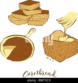 Croquis de couleur du Cornbread pain. Dessin vectoriel du Cornbread food, généralement connue en Amérique. Illustration du pain de couleur série. Illustration de Vecteur